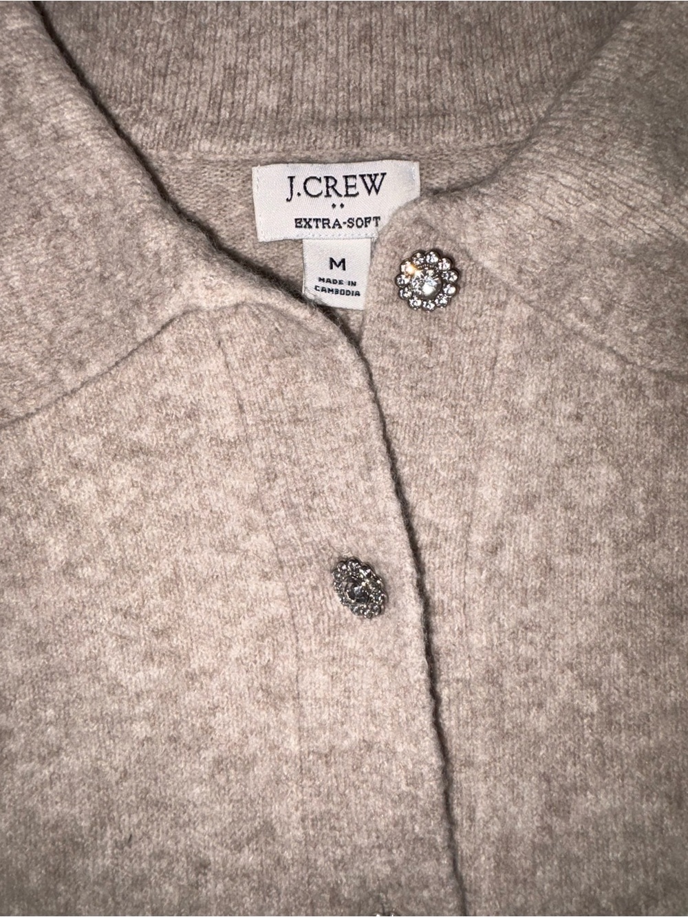 J.Crew Extra Soft Polo Sweater
Rhinestone Buttons Oatmeal Heather
Size M Worn 1x - Picture 3 of 5